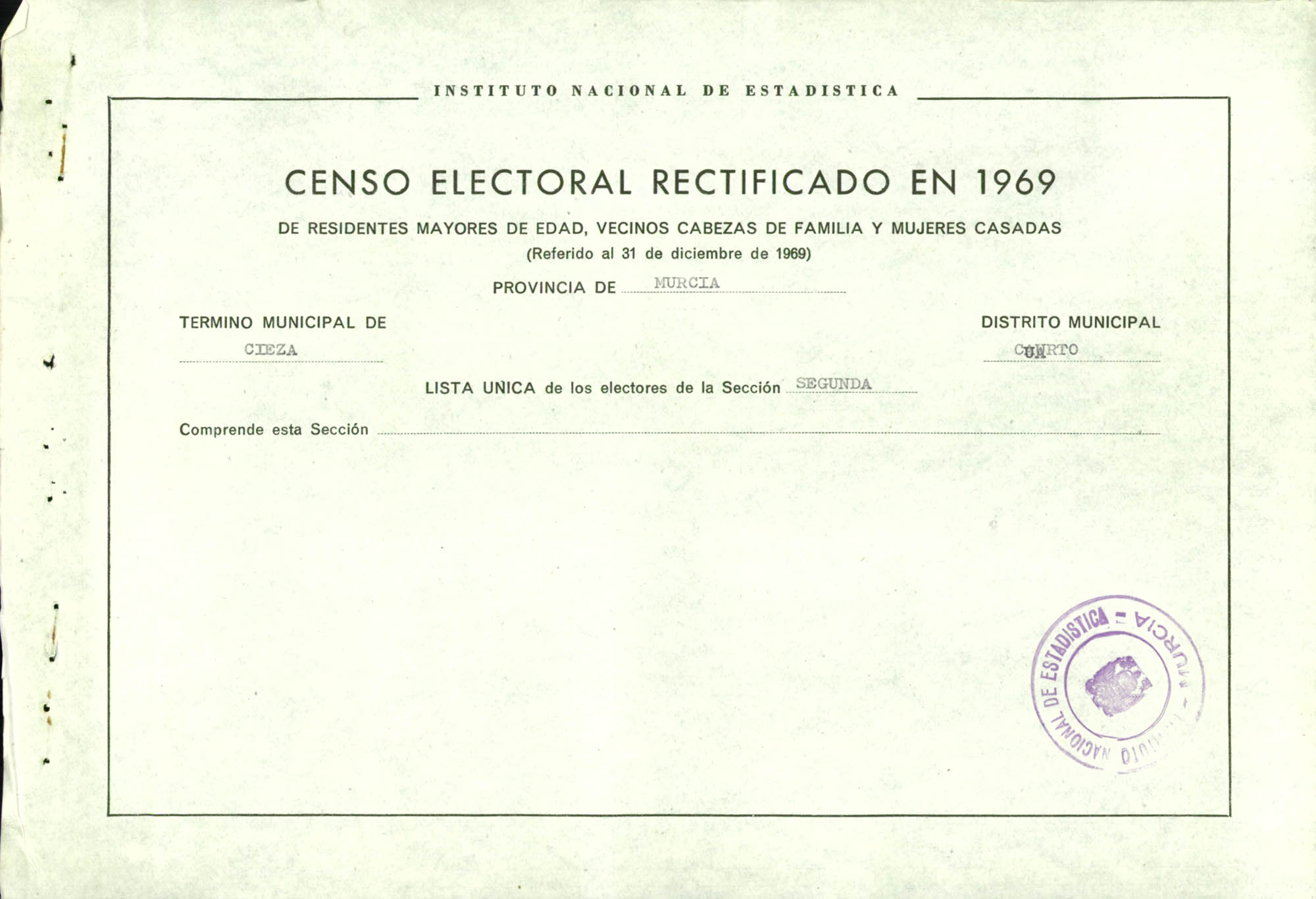 Censo electoral rectificado en 1969: listas definitivas de Cieza, Distrito 4º, sección 2ª.